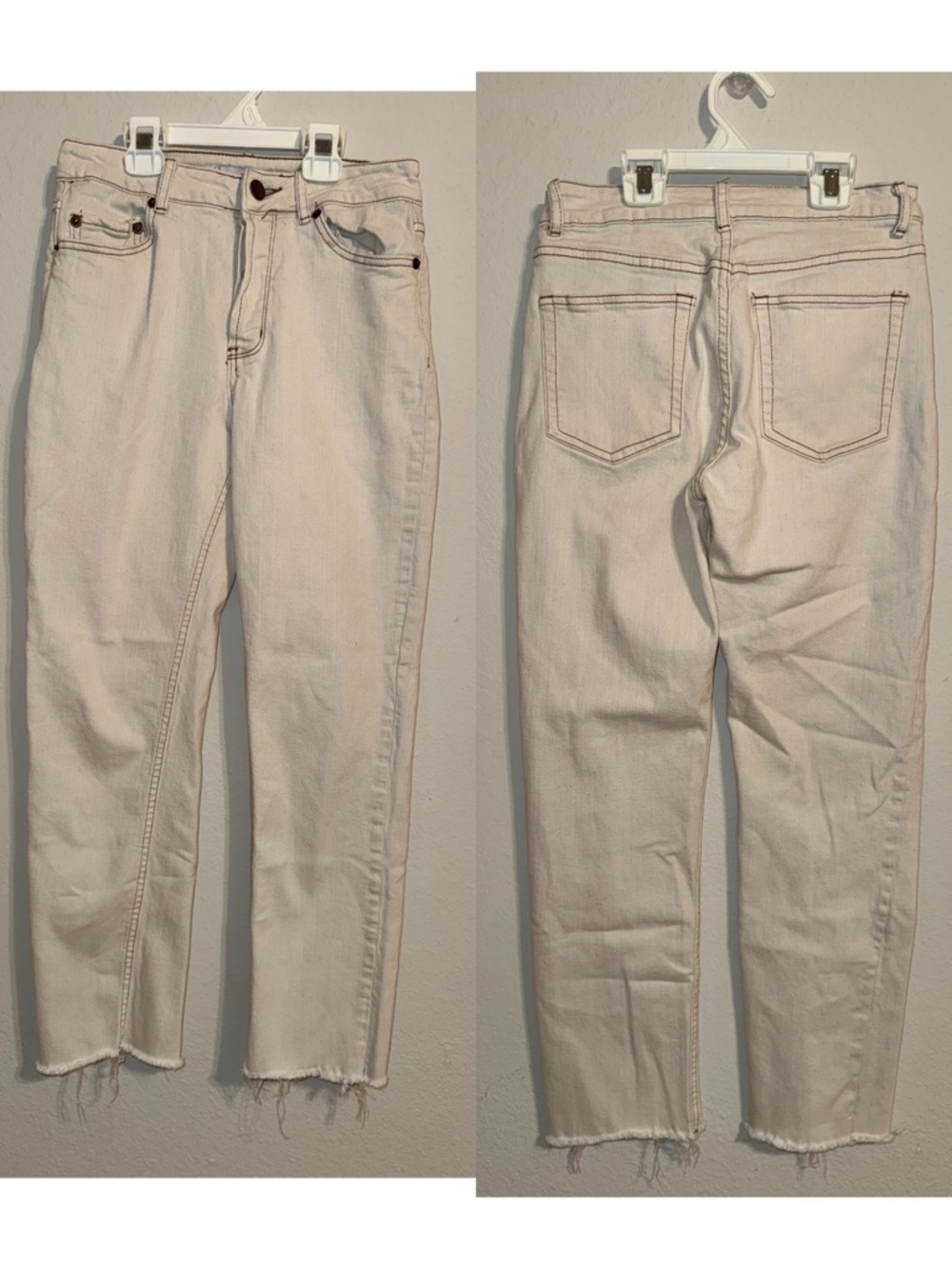 Light Cream Frayed-Hem Straight Jeans